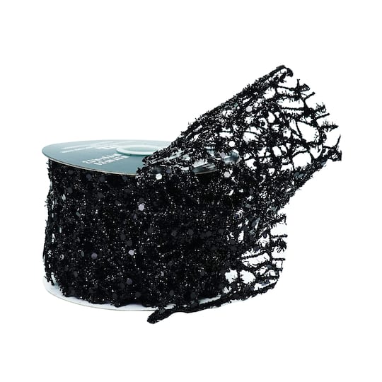 Michaels, 2.5" x 6.6yd. Chunky Black Glitter Web Ribbon by Celebrate It® – Category: Halloween Ribbon